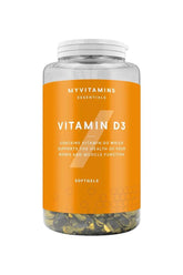 Myprotein Vitamin D3 softgels in a clear bottle, supports immune system and bone health.